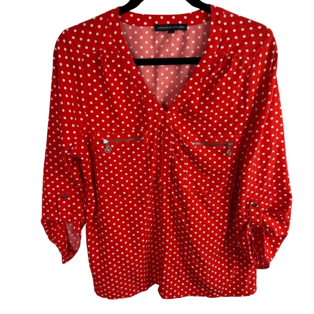 Adrienne Vittadini Women's Top Blouse  Size Large Orange/White Polka-Dot